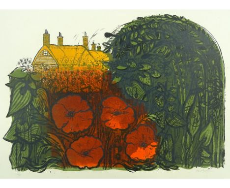 Robert Tavener, colour lithograph, poppies and farmhouse, signed in pencil, no. 16/50, sheet size 20" x 27", unframed.