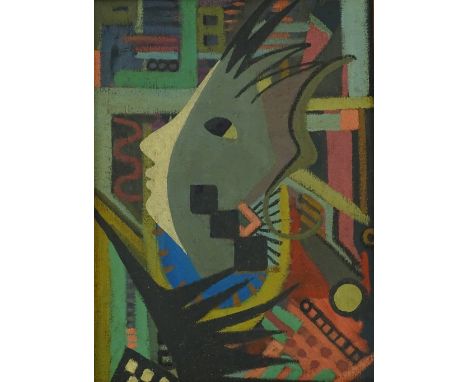 Oil on canvas, cubist style portrait, unsigned, 15" x 11", framed.