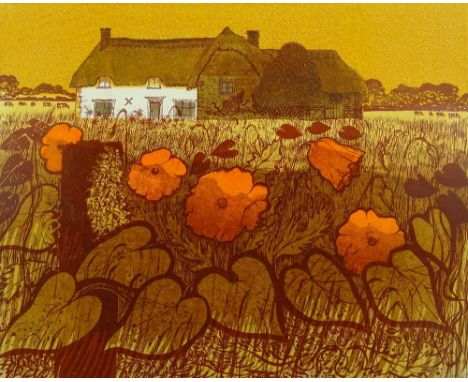 Robert Tavener, colour lithograph, poppies and farmhouse, signed in pencil, no. 57/75, sheet size 23" x 27", unframed.