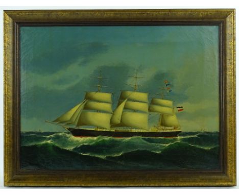 H Peterson and P C Holm, 19th century oil on canvas, ship portrait of the 3 masted schooner Dorothea, signed and dated 1873, 