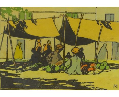 Major D N Morgan, colour woodblock print, a corner of the vegetable market, Srinigar, Indian, signed and inscribed in pencil,
