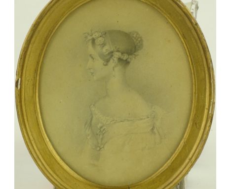 19th century pencil drawing, head and shoulders portrait of a girl, unsigned, 7.5" x 6", framed.