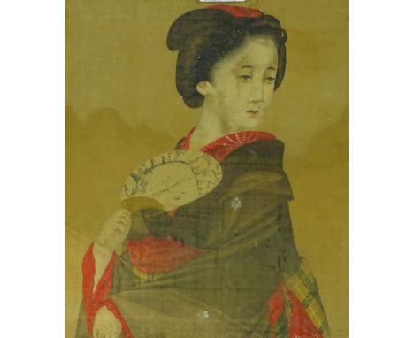 19th century Japanese watercolour, portrait of a Geisha girl, unsigned, 11" x 9", framed.