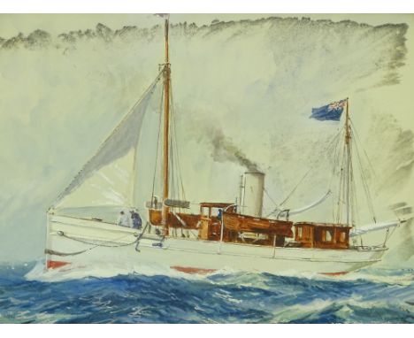 Neville Sotheby Pitcher, gouache, ship portrait, game cock, Royal Dorset Yacht Club 1907-1915, 10" x 14.5", framed.