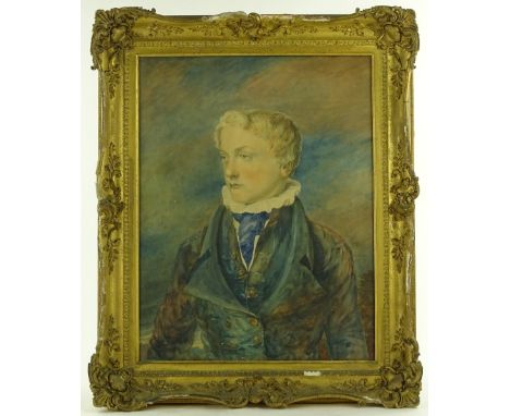 Early 19th century watercolour on paper laid on canvas, half length portrait of a young Regency man, unsigned, 25" x 19", fra