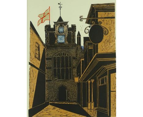 Robert Tavener, colour lino-cut print, St. Marys Church, Rye, signed in pencil no. 22/75, image 23" x 17", framed.