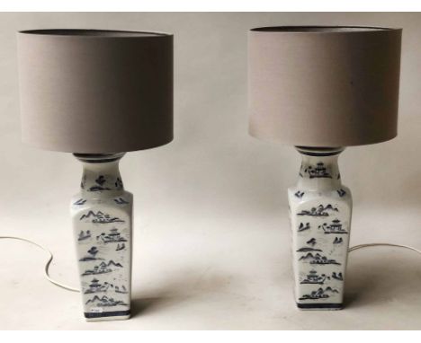 LAMPS, a pair, Chinese blue and white ceramic of wasted vase form, 44cm H. (2)