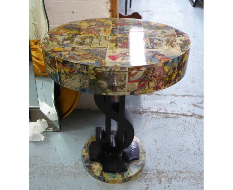 LAMP TABLE, oval top in Marvel comic strip decoration on dollar sign column, 48.5cm D x 66.5cm W x 81cm H.