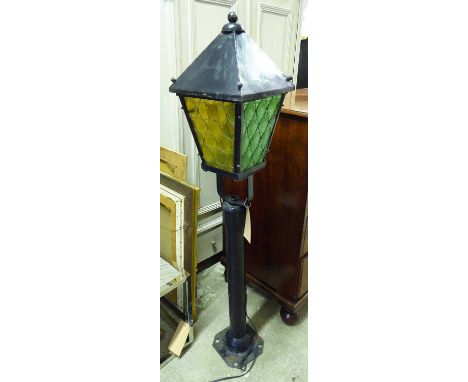 STANDARD LAMP, mid century French, black painted finish with original coloured glass. (slight faults)