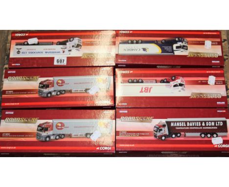 Six Corgi Roadscene 1:76 scale die cast Limited Edition lorries,The Campden Group Mercedes Actros Curtainsoide, a JBT Scania 