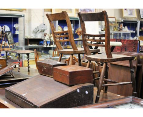 A 19th Century mahogany desk box and a set of three provincial Mendlesham style chairs, a Victorian mahogany writing slope an