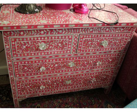 An Indian mother of pearl inlaid pink chest of drawers 107cm wide 