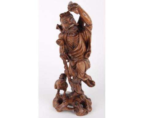 A pair of cloisonné vases, 24cm high and a wooden Japanese figure, 35cm high (3)