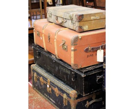 A tin trunk, two further examples and vintage suitcase 