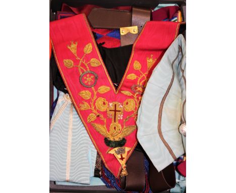 A mixed lot of Masonic regalia to include cloths, panels, books and belts and sash with enamel medallion 