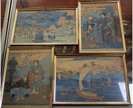 A set of four Japanese wood block prints, possible cut from a book, depicting Geishas, a river landscape and a park, 23.5cm x