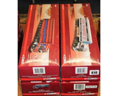 Four Corgi Hauliers of Renown 1:50 scale die cast limited edition lorries,Langan Transport Ltd Volvo F10 Fridge, Elddis Trans