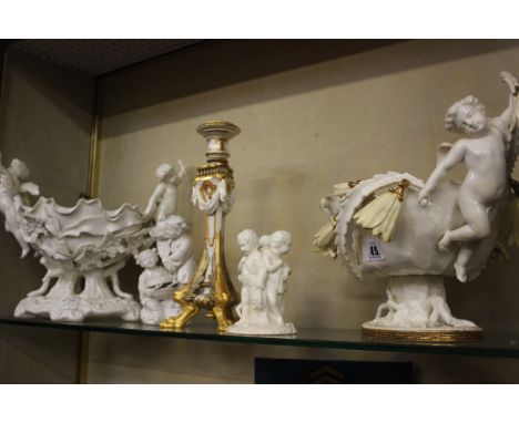 A collection of ceramic items to include a Moore & Co pedestals bowl, a Worcester candlestick etc.
