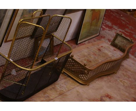A Victorian polished steel fender, with two further examples, brass fireguard and bellows