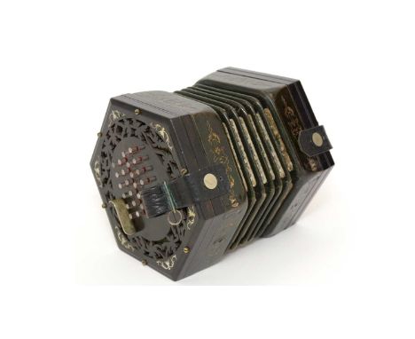 A 19th century 48 button English system concertina by George Case with five division bellows, ebonised fret cut ends inlaid i