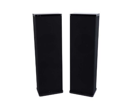 A pair of Mirage M-7si hi-fidelity floor-standing audio speakers, in black piano-lacquer finish.
