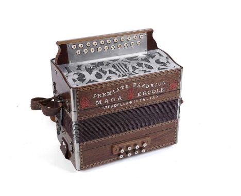 An Italian Maga Ercole button accordion, tuned G/C, mahogany and marquetry with nickel silver mounts, inscribed 'Premiata Fab