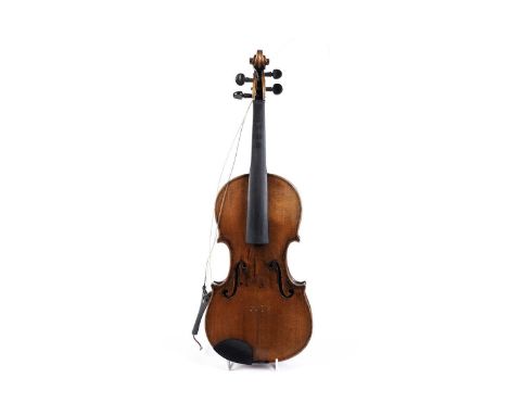 A German trade violin after Stradivarius, with two-piece, flamed back and ribs, light amber varnish, printed paper label, len