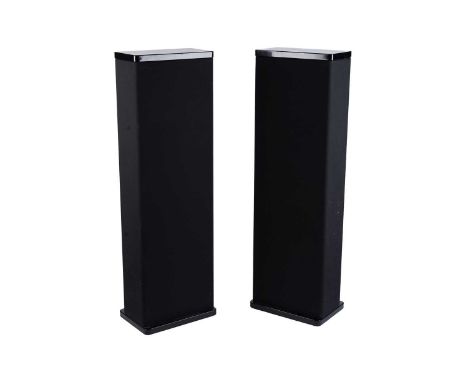 A pair of Mirage M-5 hi-fidelity floor-standing speakers, in black piano-lacquer finish.