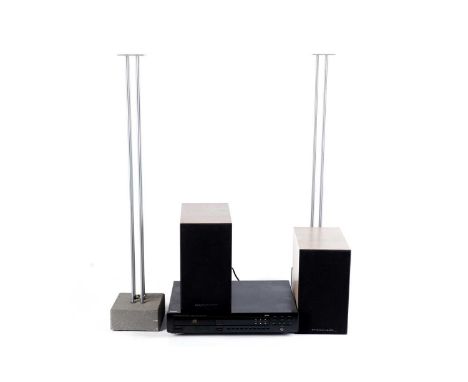 A Marantz CD-63 compact disk player; and a pair of Mordaunt-Short Avant 902 speakers and floor-stands.