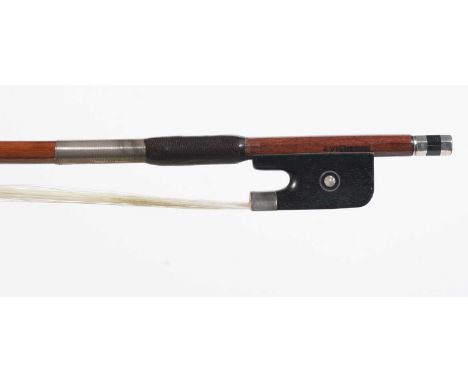 A viola bow stamped 'A.Vignaron', with silver mounts and pearl inlaid ebony frog, approximately 69 grams.