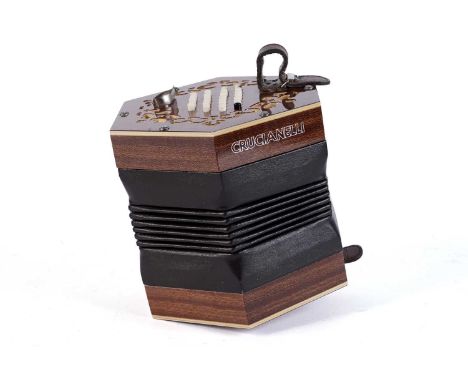 A Crucianelli English system 48 key concertina with black pass button, mahogany veneered fret cut ends, brown leather six div
