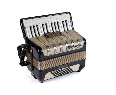 A Vintage Hohner Student VM 48 bass piano accordion, serial number 121000, with black-lacquered case, stamped M Hohner, made 