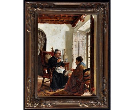 Francisco Checa - a Spanish interior scene with an elderly priest and his housekeeper seated by a window, signed and dated 18