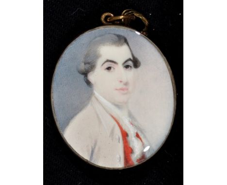 British School - a miniature bust portrait of a gentleman wearing a light coloured coat, red waistcoat and lace cravat, bodyc