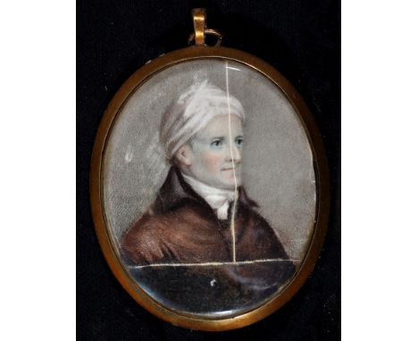 19th Century British School - a portrait of a gentleman wearing a brown coat and white turban, bodycolour on ivory, 7.5 x 6cm