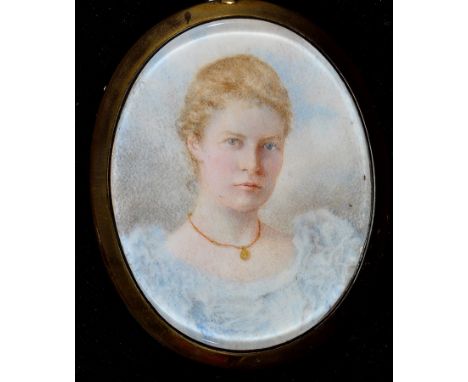 J*** J*** Stewart - a miniature bust portrait of Gertrude Mable Craik, bodycolour on card, 8 x 6.3cms; 3 1/8 x 2 5/8in., oval