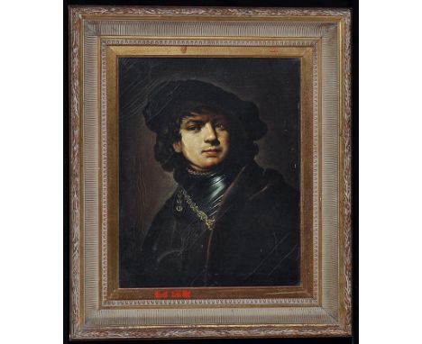 **** Reynolds (after Rembrandt) - portrait of a young man with a gorget and beret, signed, oil on canvas, 49.5 x 39.5cms; 19 