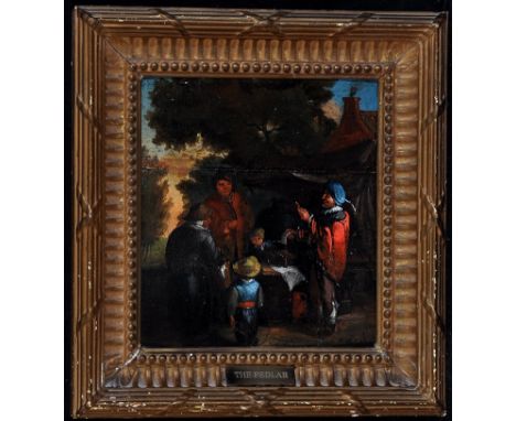 19th Century Dutch School - "The Peddler", with inscription on a plaque on the frame, oil on panel, 19.5 x 17.5cms; 7 3/4 x 6