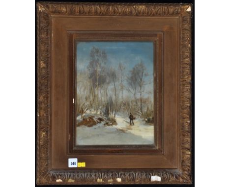 Manner of Jean Baptiste Camille Corot - "Wintertime", a stick gatherer in the snow, with signature, oil on canvas, 30 x 22cms