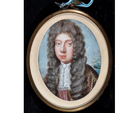 British School - a miniature bust portrait of the Earl of Pembroke, with sailing ship in the background, with inscription on 