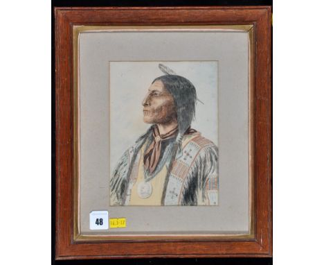American School c.1900 - a portrait of a native American Indian wearing a silver medallion, watercolour, 20 x 15cms; 8 x 5 3/