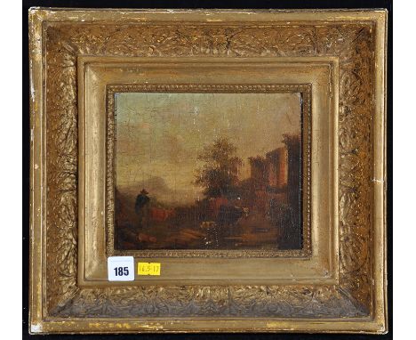 Manner of Jan Dirksz Both - a herdsman in a pastoral landscape with ruined castle, with inscription "Both" verso, oil on canv