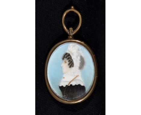 19th Century British School - a miniature bust portrait of a woman in profile wearing a lace cap, bodycolour on ivory, 3 x 2.