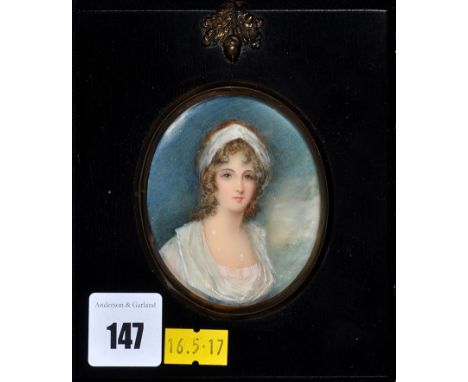 Italian School - a miniature bust portrait of a young woman in 18th century costume, bodycolour, 7 x 6cms; 2 3/4 x 2 3/8in., 