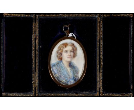 M*** E*** Hewkley - a miniature half-length portrait of a fair-haired woman wearing a blue dress, signed and dated '40, water