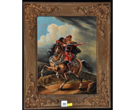 19th Century East European School - a mounted Cossack firing a carbine, oil on metal panel, 33.5 x 25.6cms; 13 1/4 x 10in.