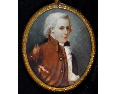 British School - a miniature half-length portrait of a gentleman wearing 18th Century brown coat, 7.5 x 6cms; 3 x 2 1/4in., o