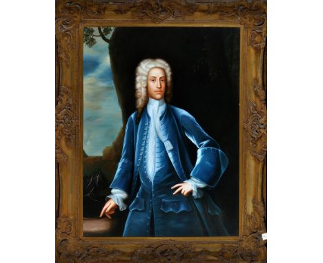 Artist Unknown - a three-quarter length portrait of a gentleman in 18th Century costume standing in a landscape, oil on canva