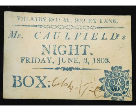 Theatre Royal Drury Lane box ticket for Mr Caulfield's night, Friday June 3, 1803