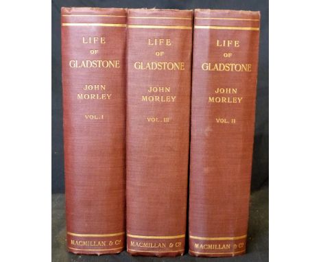 JOHN MORLEY: THE LIFE OF WILLIAM EWART GLADSTONE, London, MacMillan, 1903, 1st edition, 3 vols, 8 plates as list, uncut, part